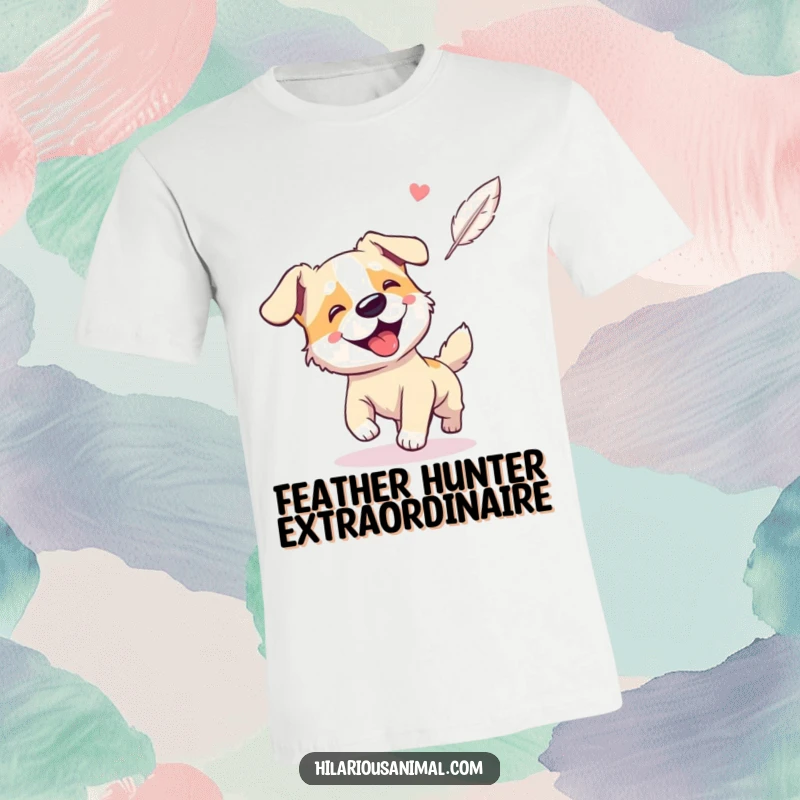 Funny t-shirt showcasing a giggling, panting dog enthusiastically chasing a floating feather.
