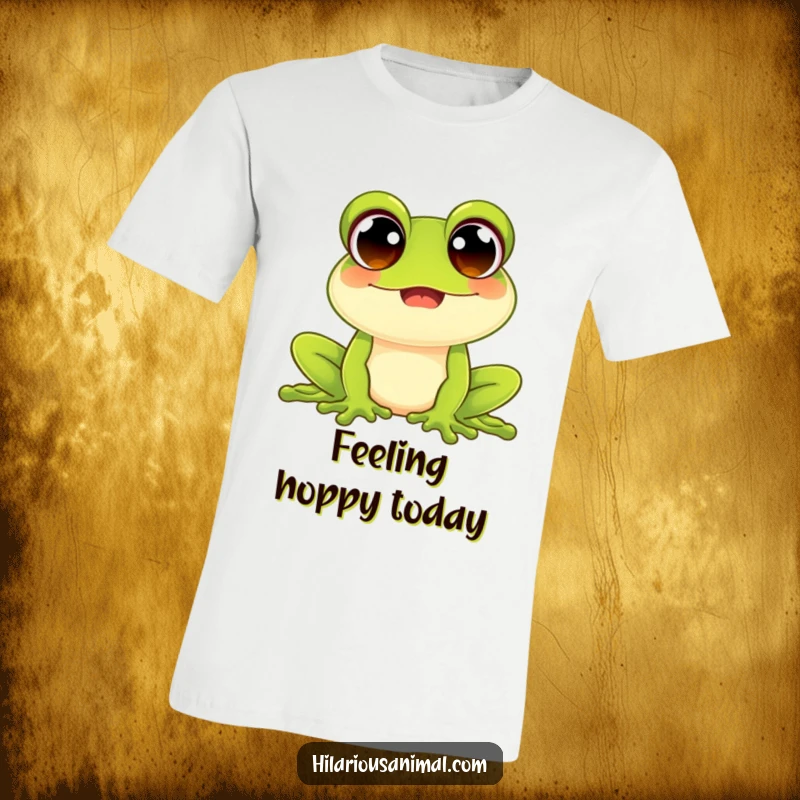 Funny happy frog t-shirt with wide beaming eyes, depicted croaking joyfully, vibrant and cheerful design, great for casual wear.