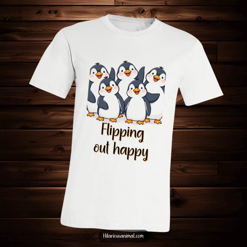 Funny Penguin Giggling T-Shirt: A group of happy penguins joyfully giggling with their flippers in the air, exuding cheerful and infectious delight.