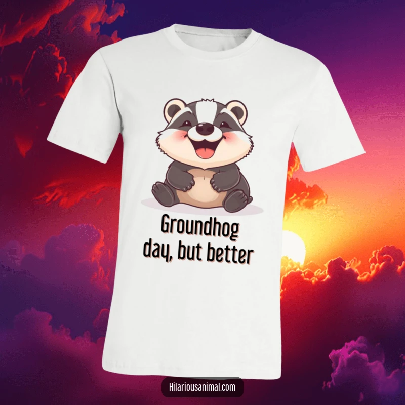 Funny Badger T-Shirt showcasing a gleeful badger enthusiastically rolling on the ground, a hilarious depiction of pure bliss and happiness.