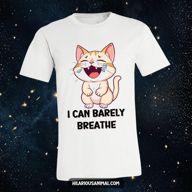 Funny cat t-shirt featuring a small cat roaring with laughter, tears streaming from its eyes, celebrating pure amusement.