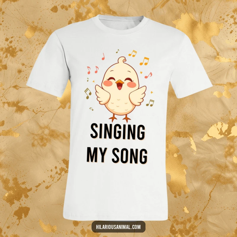 Funny cheerful bird t-shirt, a bird chirping joyfully amidst musical notes, a melodious and amusing design