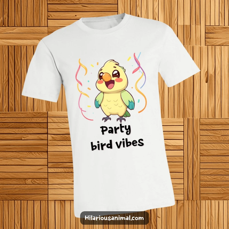 Funny parrot with bright eyes chuckling, surrounded by colorful streamers, on a t-shirt, a celebratory and funny gift.
