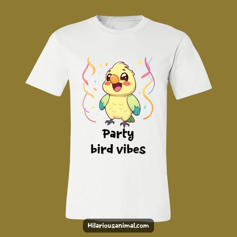 Funny Chuckling Parrot Tee: Festive Streamers and Joy, Perfect Funny Gift