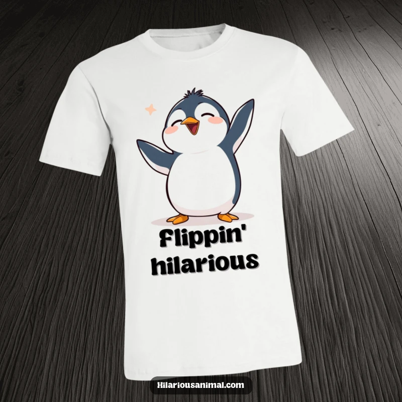 Funny clumsy penguin t-shirt, a penguin flapping flippers uncontrollably and chuckling, capturing pure, unadulterated joy