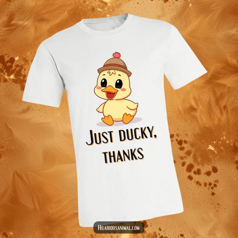Funny grinning duck t-shirt wearing a comical hat, depicted quacking heartily, vibrant and cheerful design, great for casual wear.