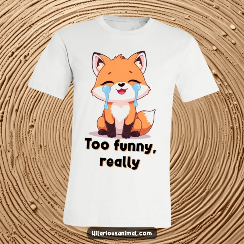 Funny Fox Laughing Tears T-Shirt: A cute fox with its face contorted in laughter, tears streaming down, embodying hilarious and uncontrollable mirth.