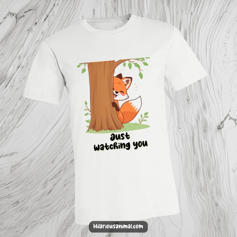 Funny t-shirt with a red fox playfully giggling as it peeks from behind a tree, a lovely funny gift.