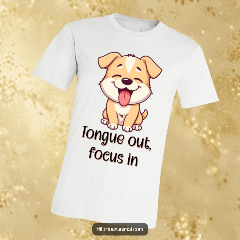 Funny dog t-shirt with a giggling puppy tongue lolling out, panting playfully, showing off its happy, silly nature.