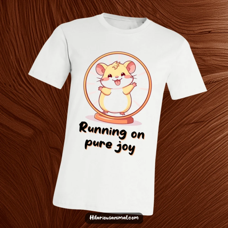 Funny Hamster Wheel T-Shirt depicting a smiling hamster in full spin, conveying boundless energy and a humorous take on activity.