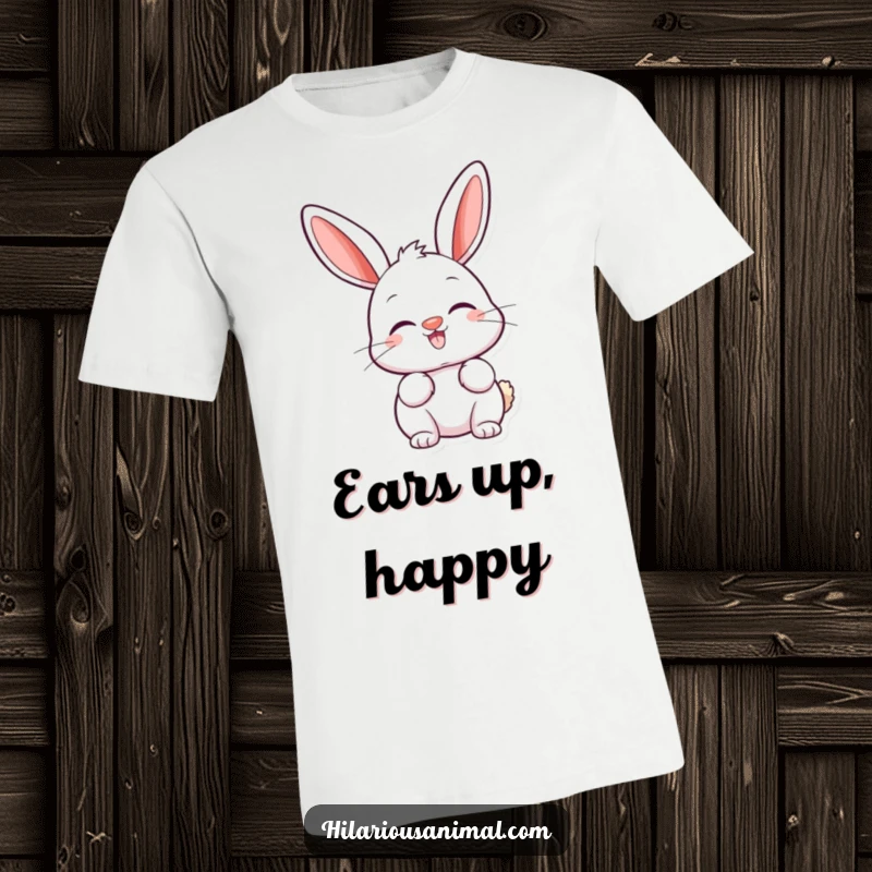 Funny bunny t-shirt featuring a cute bunny with a twitching nose and ears perked high, looking amused.