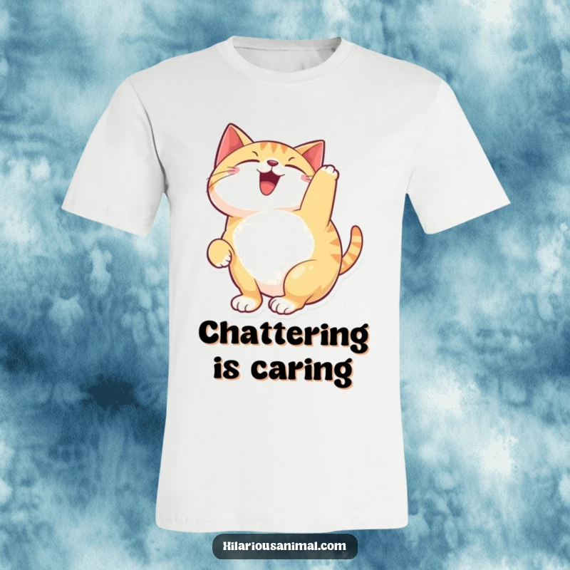 Funny happy cat t-shirt, cat arching back and chattering with delight, capturing a moment of extreme feline happiness and excitement.
