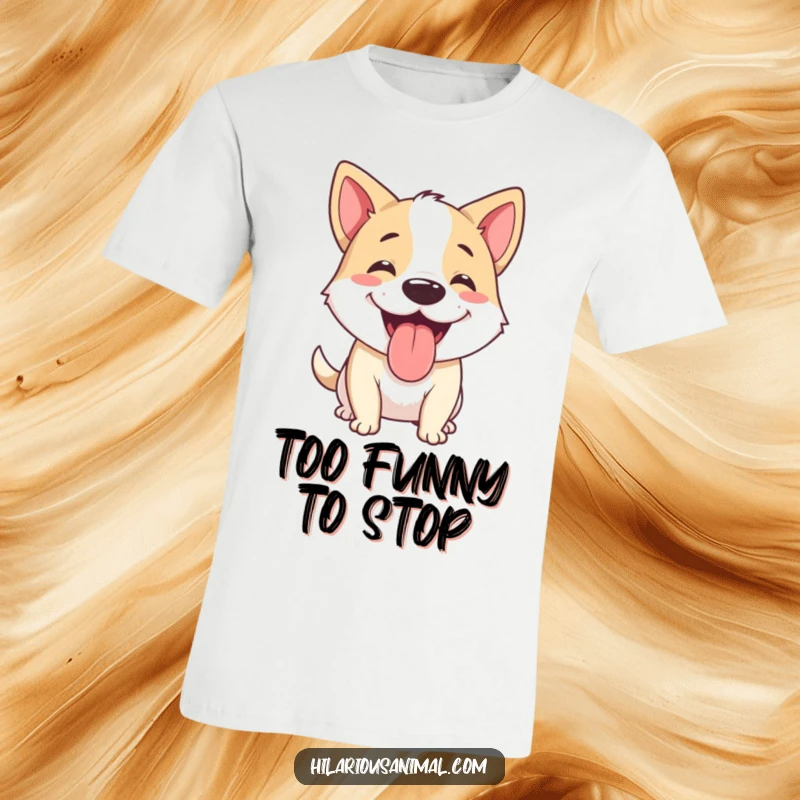 Funny dog t-shirt depicting a happy dog panting with its tongue out, caught in a moment of joyful laughter.