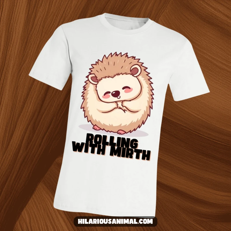 Funny small hedgehog curled into a ball, shaking with silent laughter, printed on a t-shirt, capturing a moment of delightful amusement.