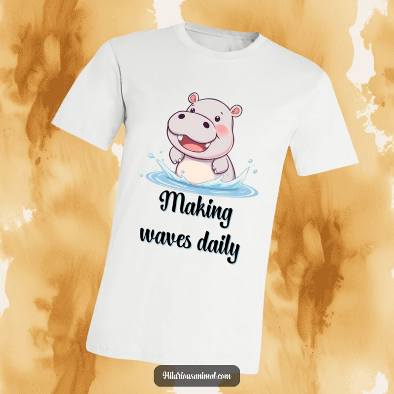 Funny hippo cub t-shirt, beaming and splashing water with delight, perfect for casual wear and playful vibes.