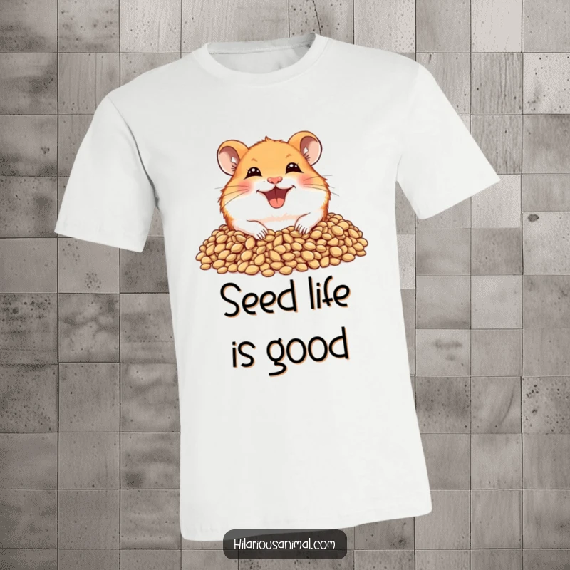 Funny hamster t-shirt featuring a joyful hamster with a wide grin peeking out from a pile of seeds.