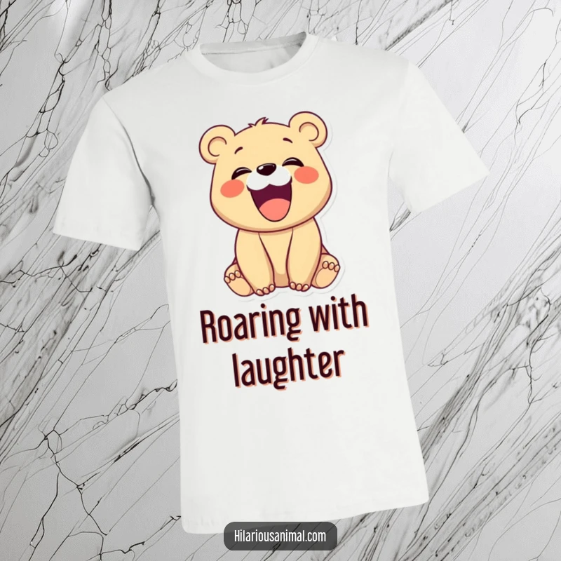 Funny bear cub with its mouth wide open in a hearty, infectious laugh, on a t-shirt, a cheerful and funny gift.