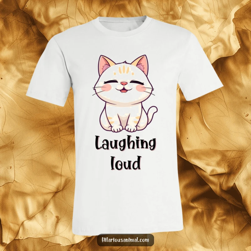 Funny Laughing Cat T-Shirt depicting a cat with closed eyes and head back, captured mid-laugh with pure delight.