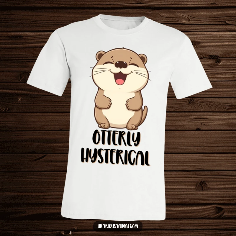 Funny otter t-shirt showing a beaming otter holding its belly, eyes squeezed shut in laughter.