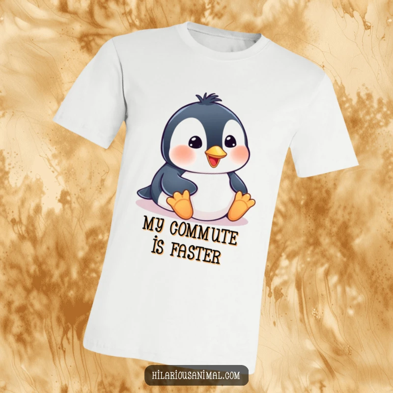 Funny penguin cub t-shirt, joyfully sliding on its belly with a big smile, perfect for casual wear and fun.