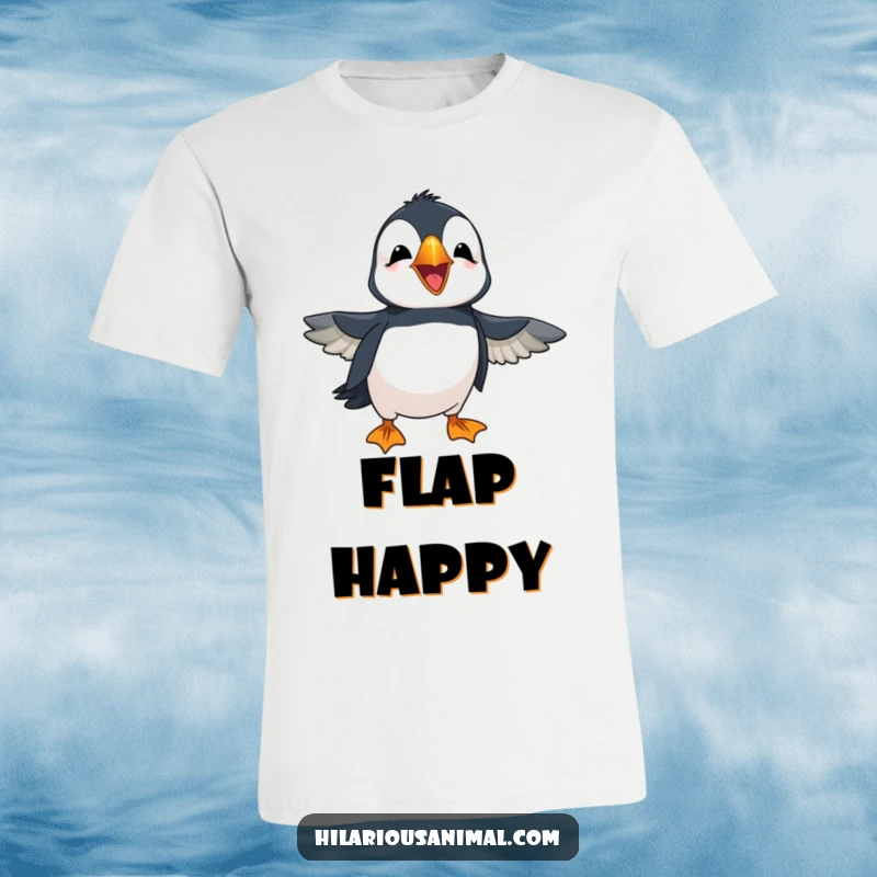 Funny cheerful puffin with wings flapping in amusement, laughing loudly, printed on a t-shirt, capturing a moment of pure, boisterous fun.