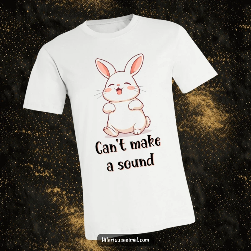 Funny rabbit t-shirt depicting a bunny with its belly exposed, shaking with silent laughter, a comical and cute design.