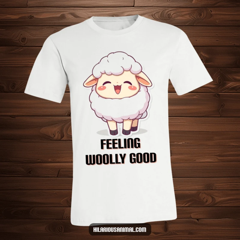 Funny joyful fluffy sheep character chuckling, head thrown back on a t-shirt, a design radiating pure happiness, a perfect funny gift.