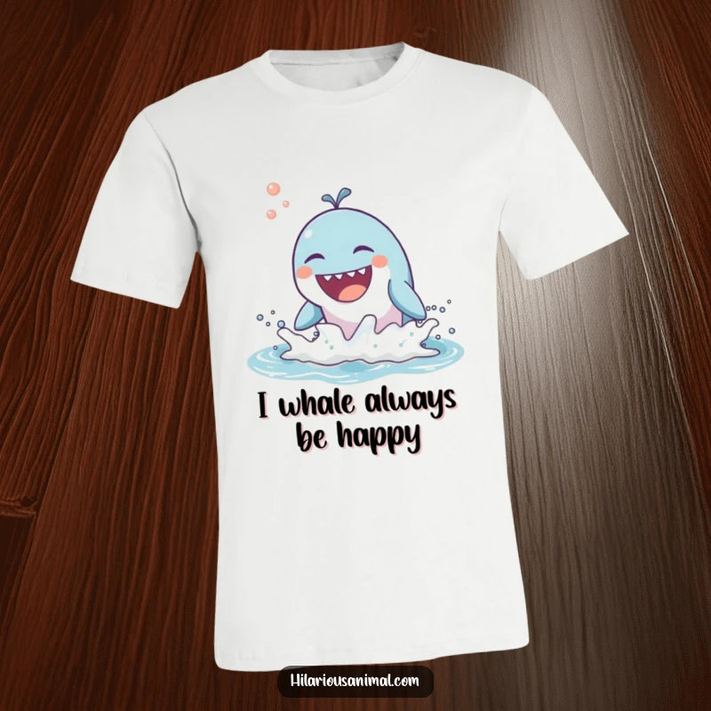 Funny t-shirt featuring a joyful whale breaching and laughing loudly, showcasing oceanic happiness and humor.
