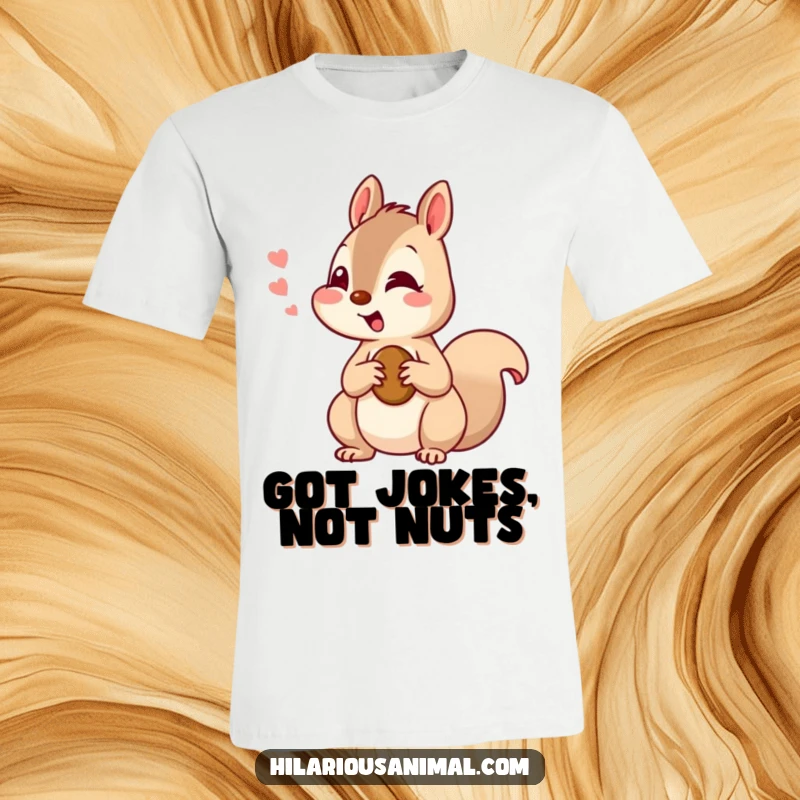 Funny squirrel t-shirt depicting a curious squirrel chattering with amusement, holding a nut, celebrating natural joy.