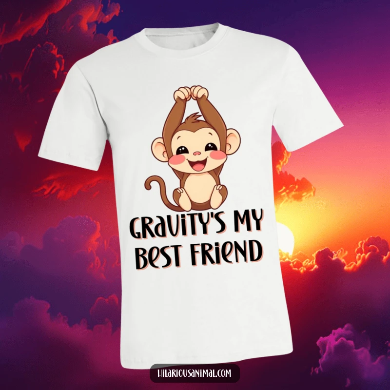 Funny monkey cub t-shirt, hanging upside down with a contagious chuckle, capturing pure joy and playful energy.