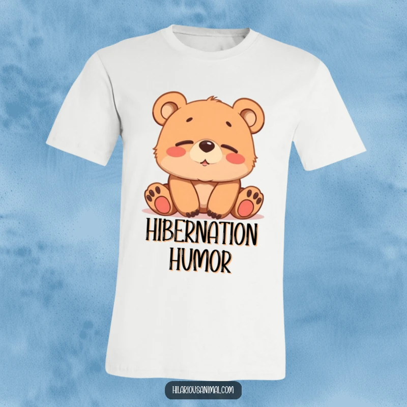 Funny brown bear cub t-shirt, softly chuckling with sleepy eyes, a design of gentle mirth.