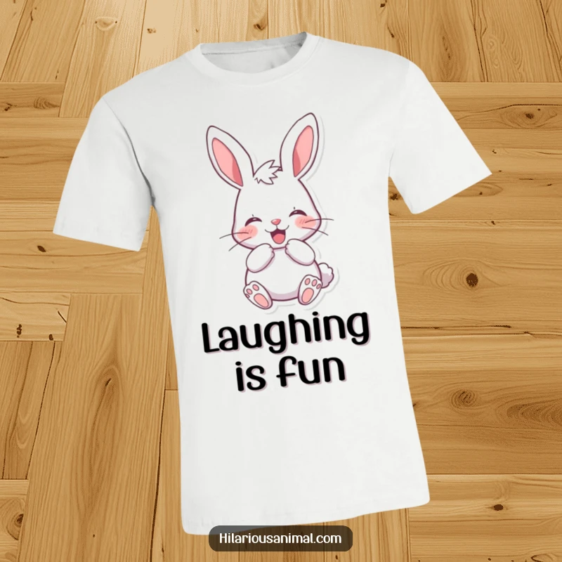 Funny cheerful bunny t-shirt, muffling a laugh behind its paws, showcasing a cute, suppressed giggle and playful, happy vibe.