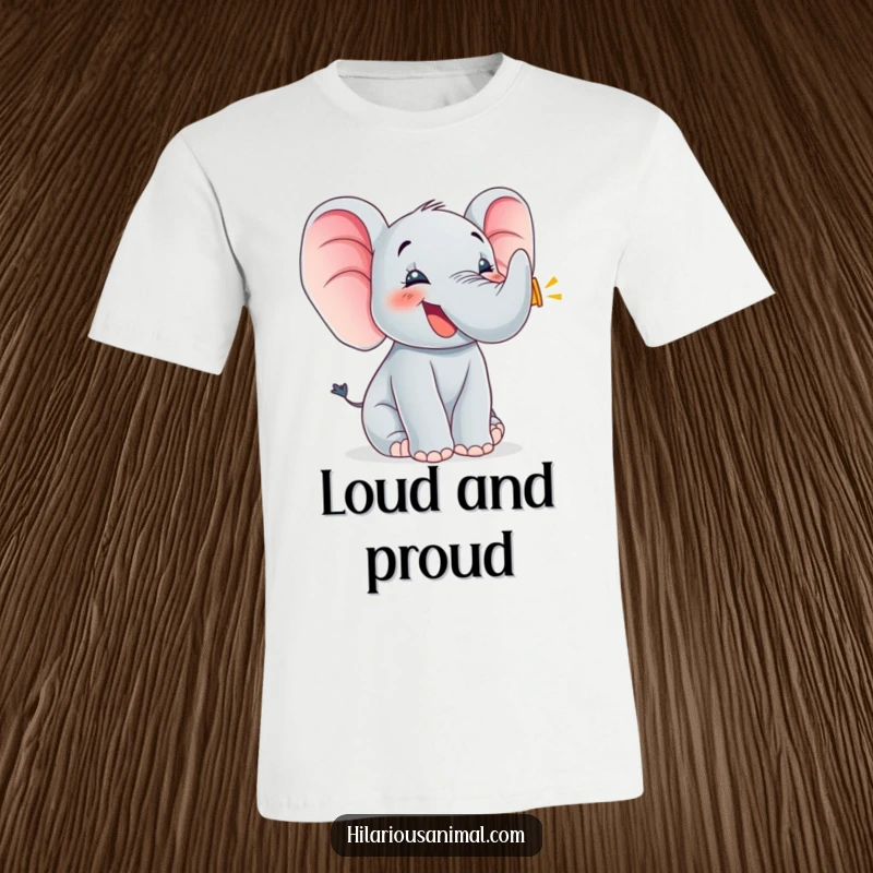 Funny elephant cub joyfully trumpeting with flapping ears, printed on a comfortable t-shirt, capturing a moment of unbridled animal happiness.