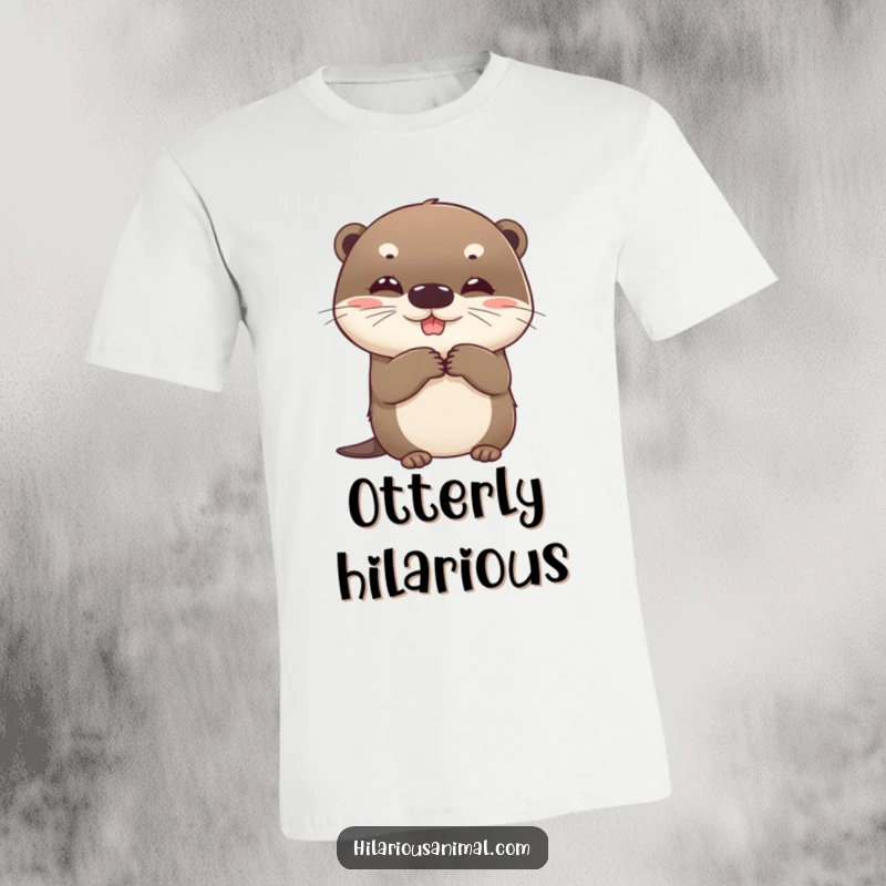 Funny otter t-shirt, beaming round cub clutching sides with suppressed giggles, a comfortable and humorous graphic tee.