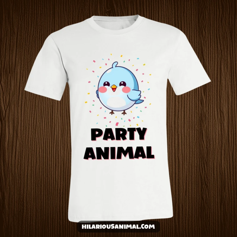 Funny round blue bird t-shirt featuring a colorful confetti shower, a cheerful and humorous apparel choice for gifts.