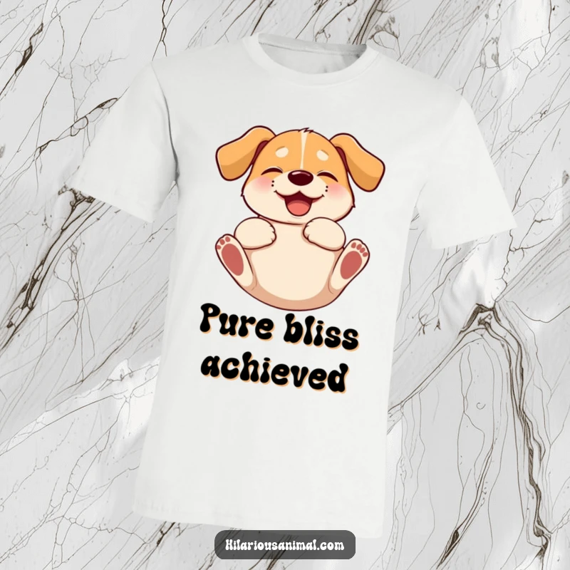 Funny dog t-shirt featuring a floppy-eared dog rolling on its back with uncontainable glee and laughter.