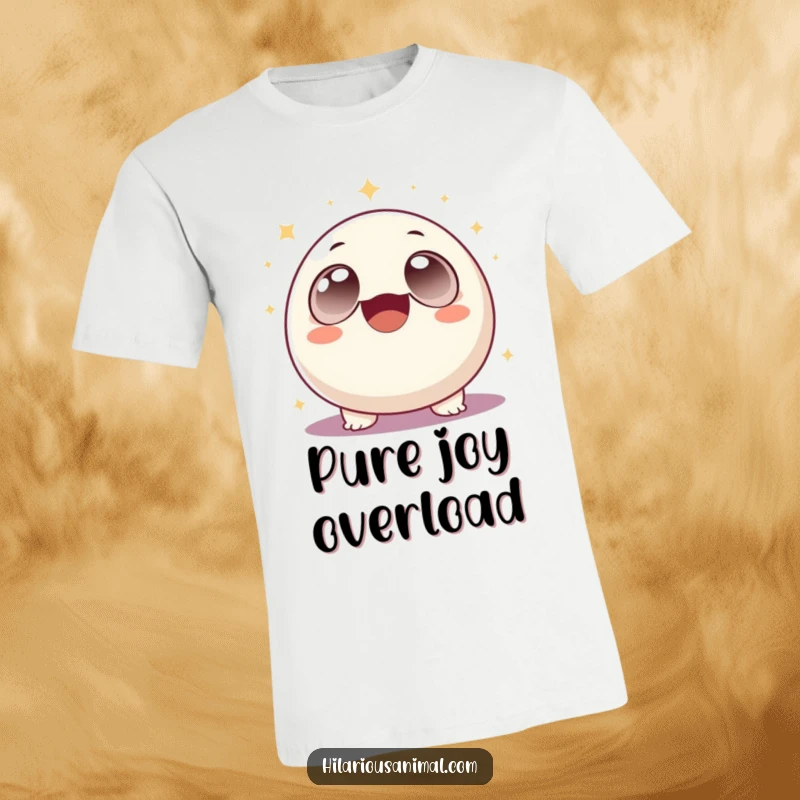 Funny cheerful round creature with large eyes laughing uncontrollably amid sparkling effects, on a t-shirt, a humorous and funny gift.