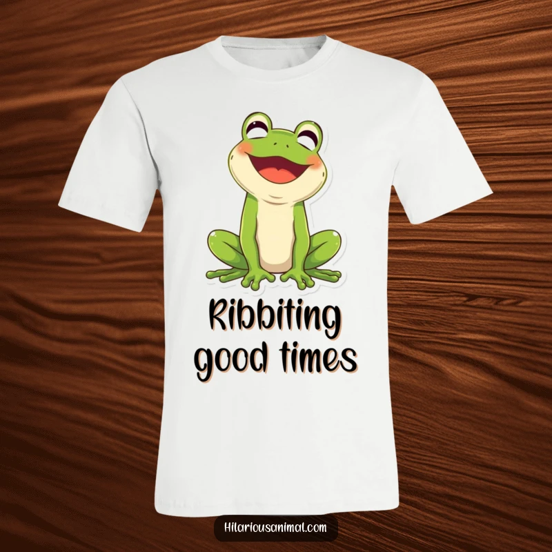 Funny green frog t-shirt, mouth wide open in infectious laughter, celebrating joy and humor.