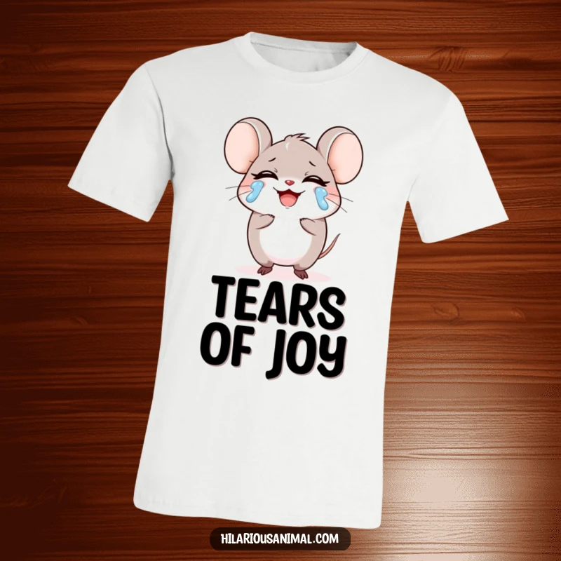Funny small round mouse character laughing heartily, tears streaming on a t-shirt, a depiction of extreme mirth, a perfect funny gift.