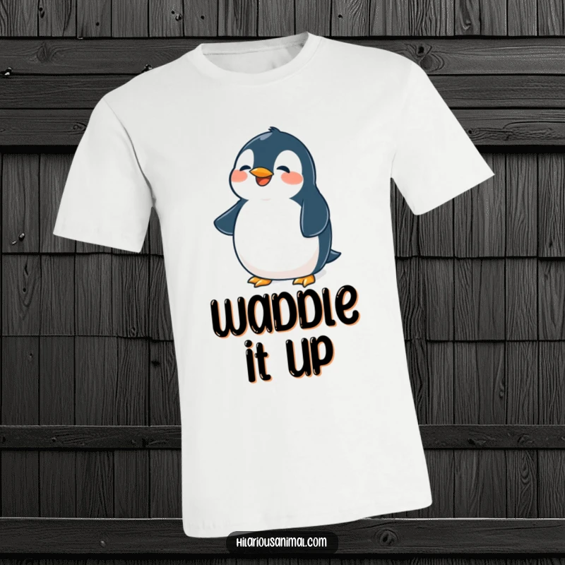 Funny penguin t-shirt, cute plump bird chuckling with its belly shaking, a comfortable and humorous graphic tee.