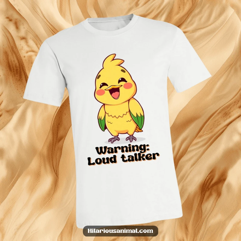 Funny t-shirt showcasing a brightly colored parrot mid-squawk with a wide, infectious grin.