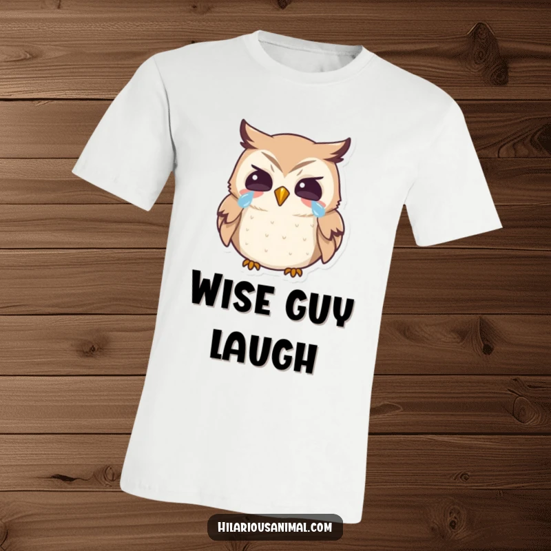 Funny owl t-shirt, tiny bird laughing heartily with tears, a comfortable and humorous graphic tee for gifting.