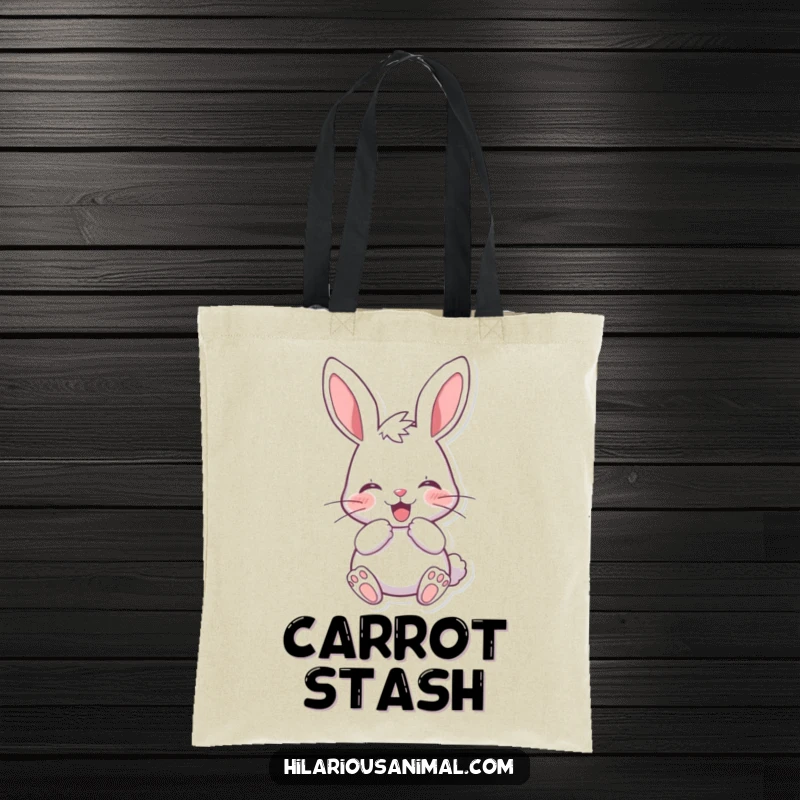 Funny cheerful bunny tote bag with a rabbit muffling a laugh behind its paws, ready for all your carrying needs with a smile.