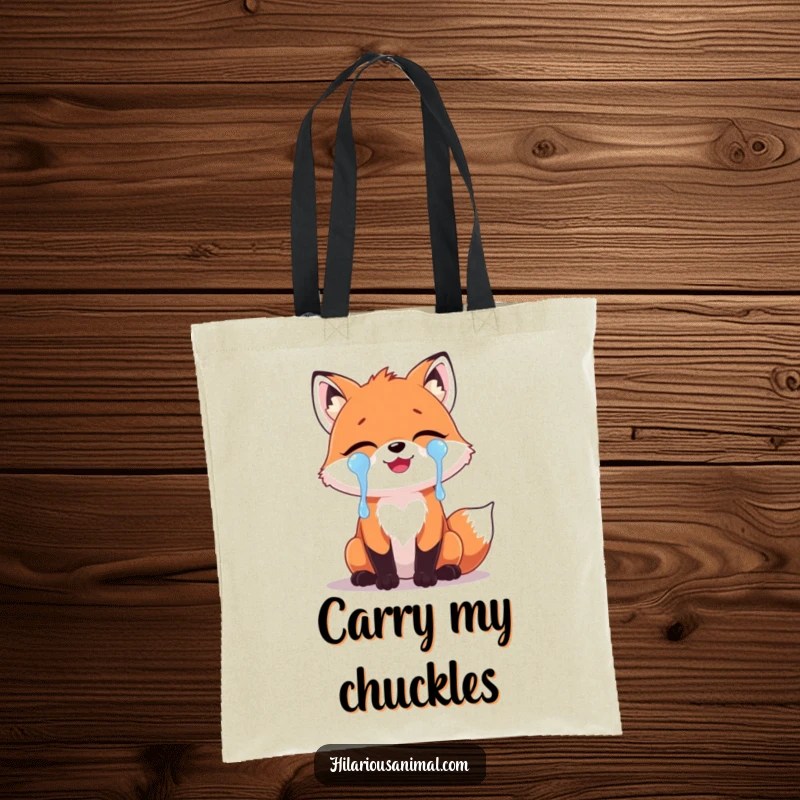 Funny Fox Laughing Tears Tote Bag: A sturdy tote bag featuring a cute fox with tears of laughter streaming, perfect for carrying items with a humorous touch.