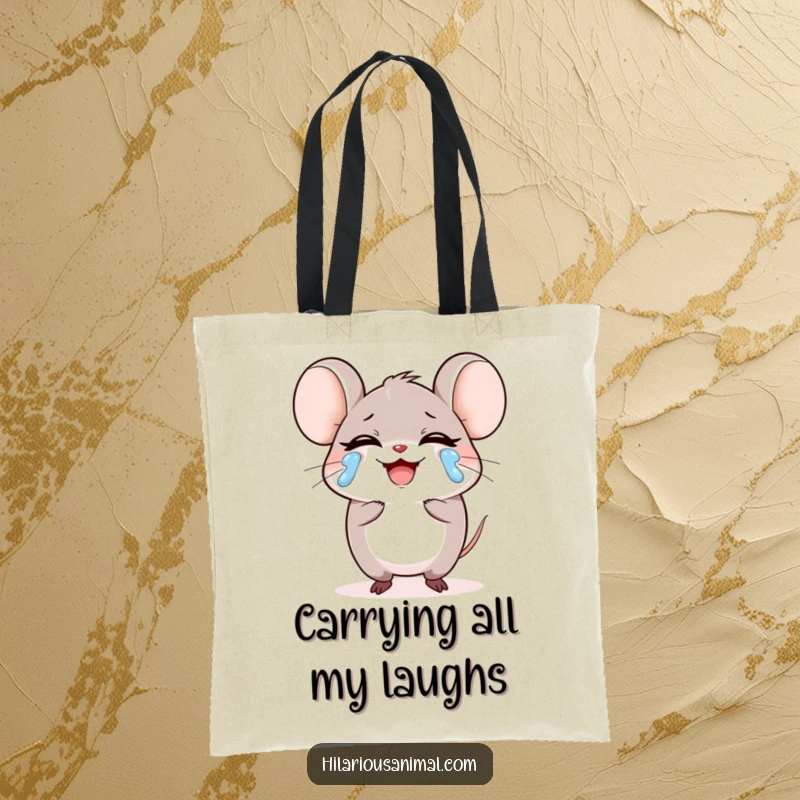 Funny small round mouse character laughing heartily, tears streaming on a tote bag, a practical accessory filled with mirth, a great funny gift.