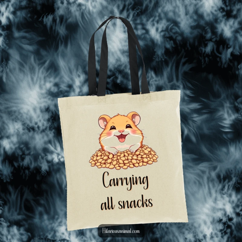 Funny hamster tote bag featuring a joyful hamster with a wide grin, peeking from a generous pile of seeds.
