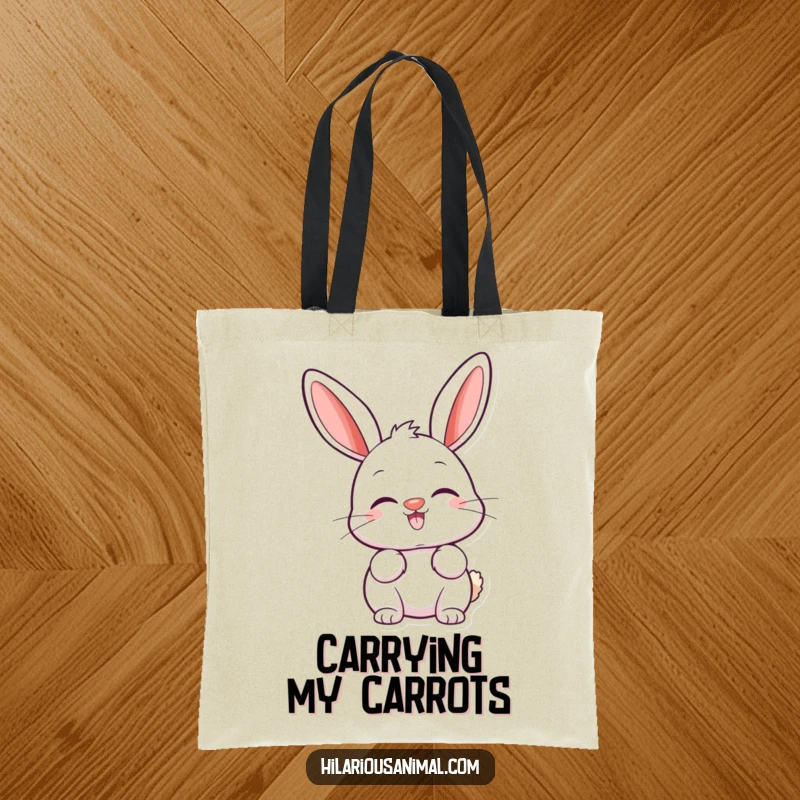 Funny bunny tote bag featuring a happy bunny with a twitching nose and ears perked high in amusement.