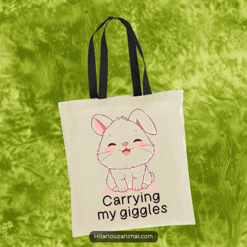 Funny bunny tote bag featuring a fluffy white rabbit snorting ecstatically, ears flopped, ready for daily errands and spreading cheer.