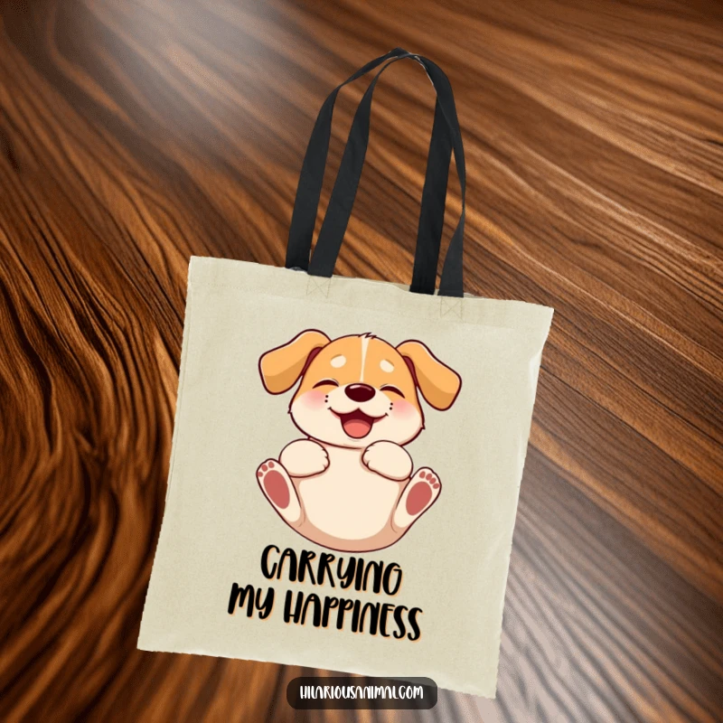 Funny dog tote bag featuring a floppy-eared dog rolling on its back, embodying pure, carefree giggling.