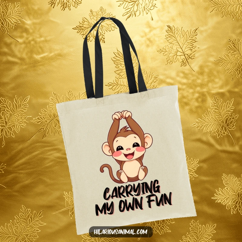 Funny monkey cub tote bag, cheerfully hanging upside down and chuckling, perfect for carrying essentials with humor.